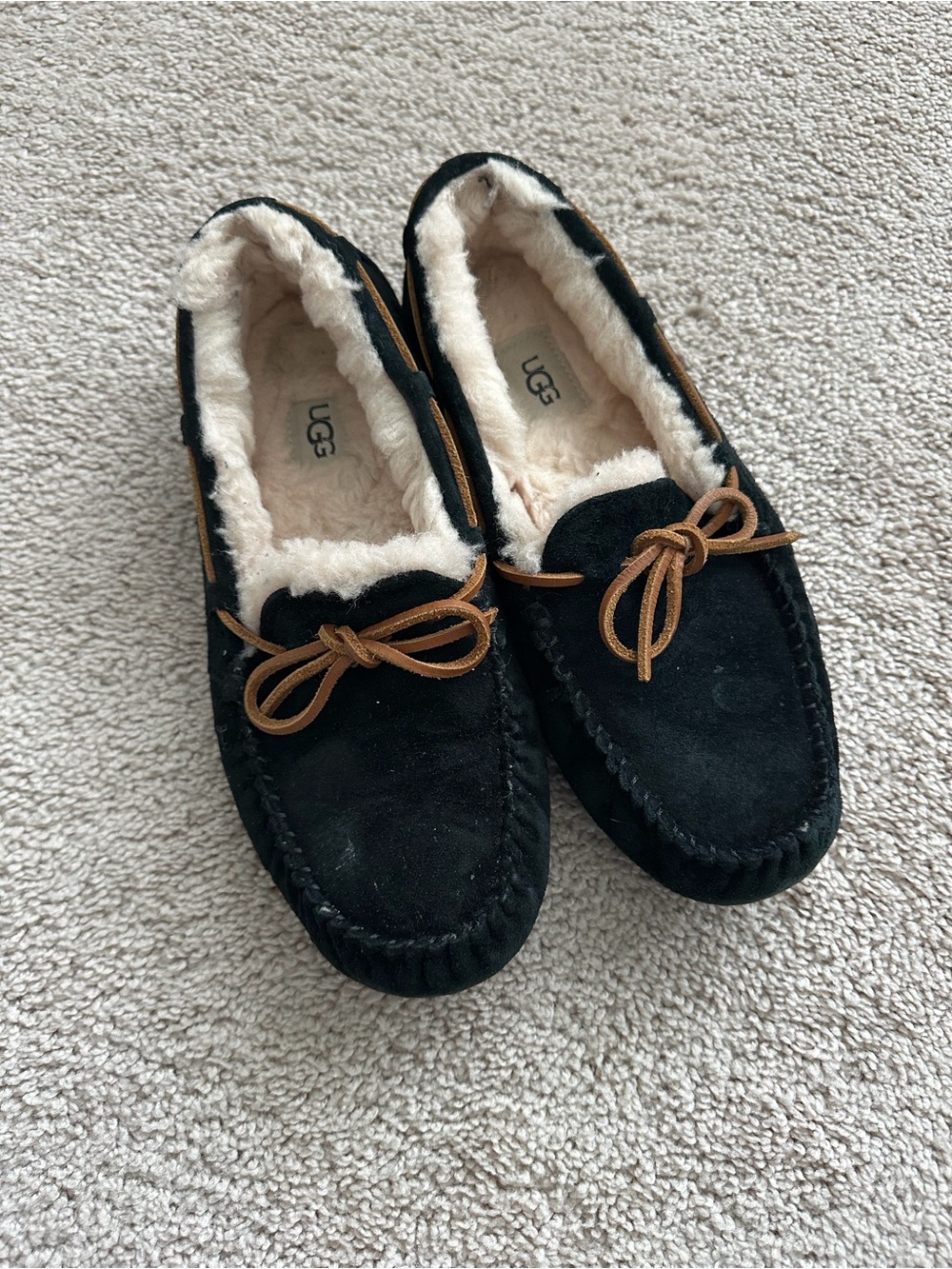 UGG Black Suede Moccasin Slippers with Chestnut Laces and Cream Shearling
